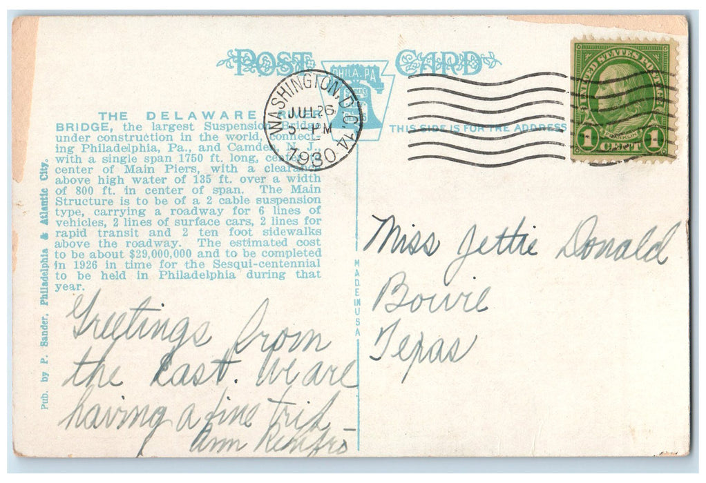 1930 Delaware Avenue & Delaware River Bridge Railroad Philadelphia PA Postcard