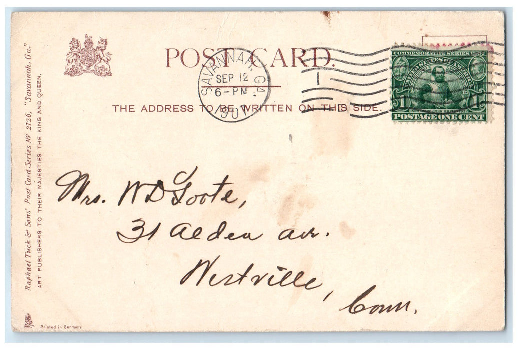 1907 Bull Street Jasper Monument And De Soto Hotel Savannah Georgia GA Postcard