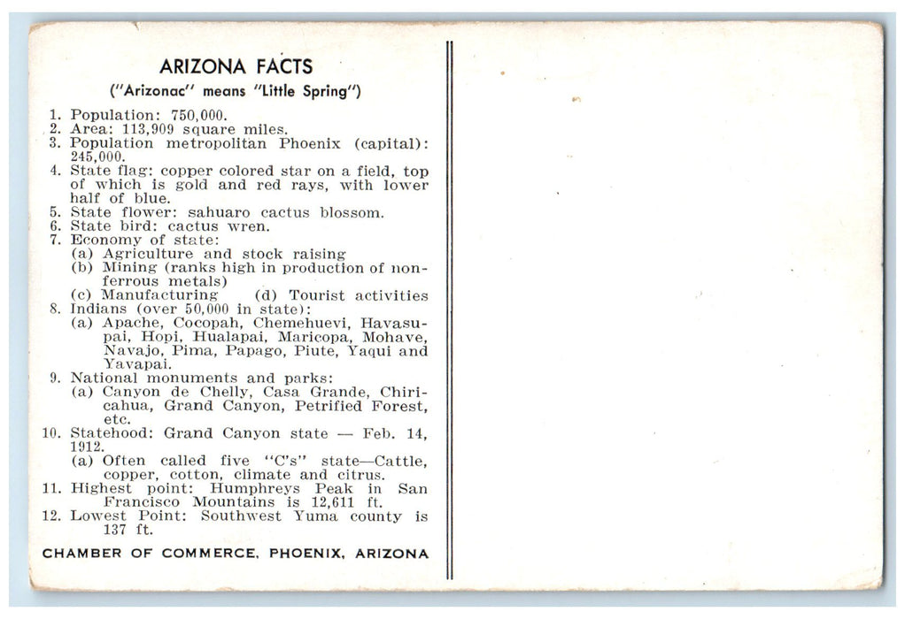 c1920's Arizona State Capitol Chamber Of Commerce Phoenix Arizona AZ Postcard