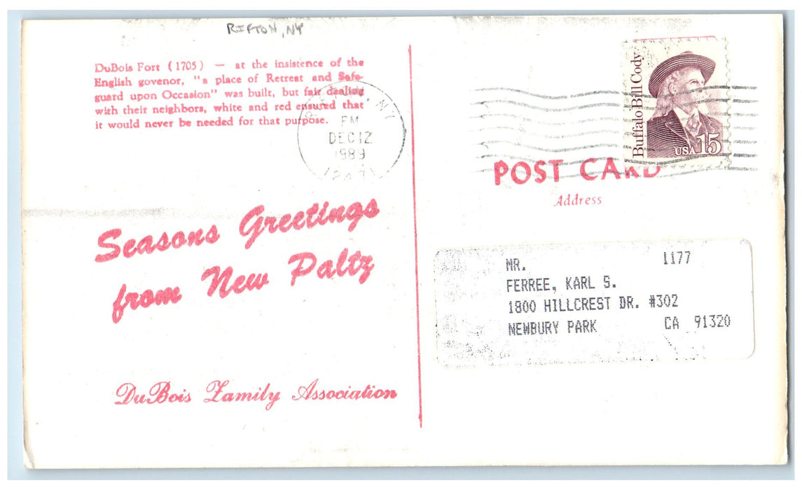 1989 The Dubois Fort Occasions Seasons Greetings Rifton New York NY Postcard