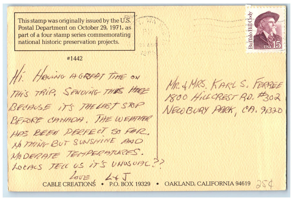 1988 Stamp For Commemorating Historic Preservation Cable Car Oakland CA Postcard