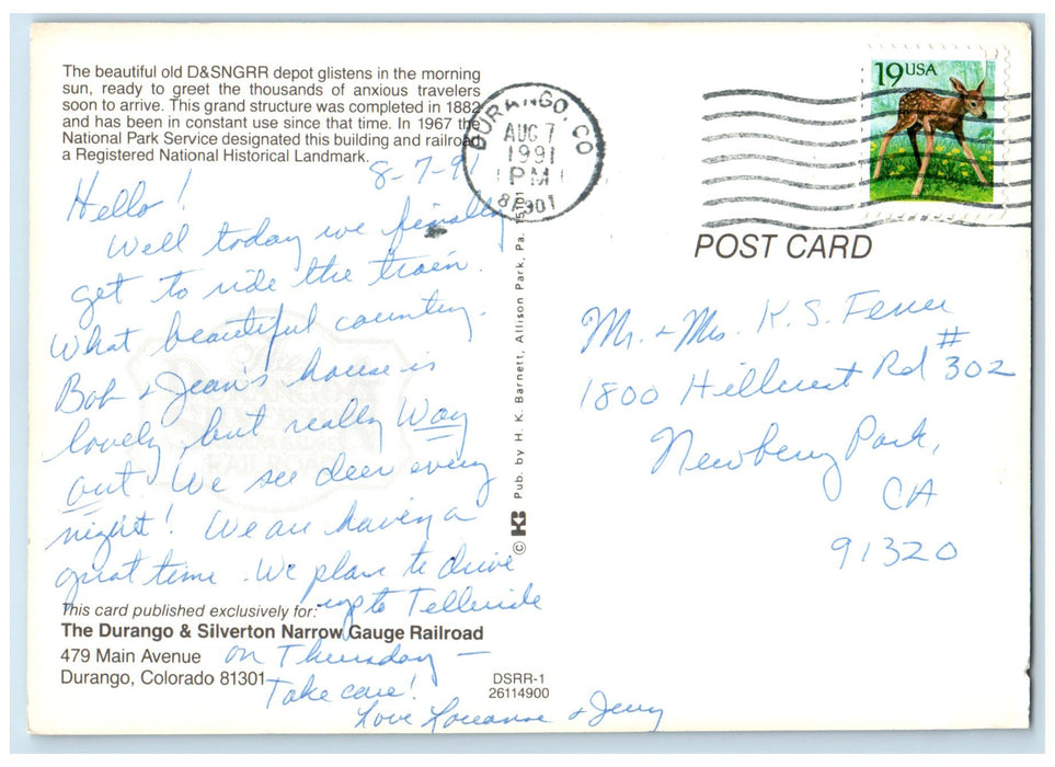 1991 Beautiful And Old D & SNGRR Depot Durango Colorado CO Posted Trees Postcard