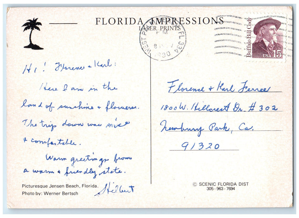 1990 Jensen Beach Boat Dock And Boats West Palm Beach  FL Posted Trees Postcard