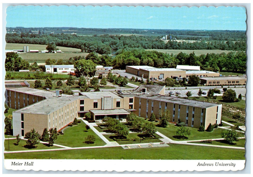 c1960's Meier Hall Andrews University Exterior Berrien Springs FL Trees Postcard