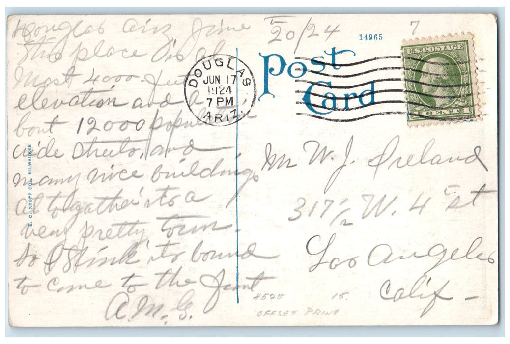 1924 City Park Shed Benches Pathways Trees Douglas Arizona AZ Posted Postcard