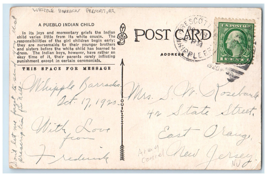 1920 A Pueblo Indian Child Whipple Barracks Prescott Arizona AZ Posted Postcard