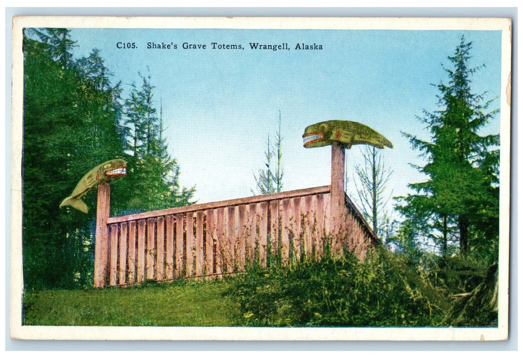 1936 Shakes Grave Totems Chief Passing Throne Wrangell Alaska AK Posted Postcard
