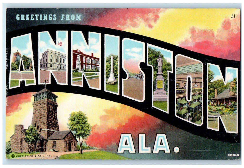 c1950 Greetings From Anniston Big Letters Buildings Monument Alabama AL Postcard