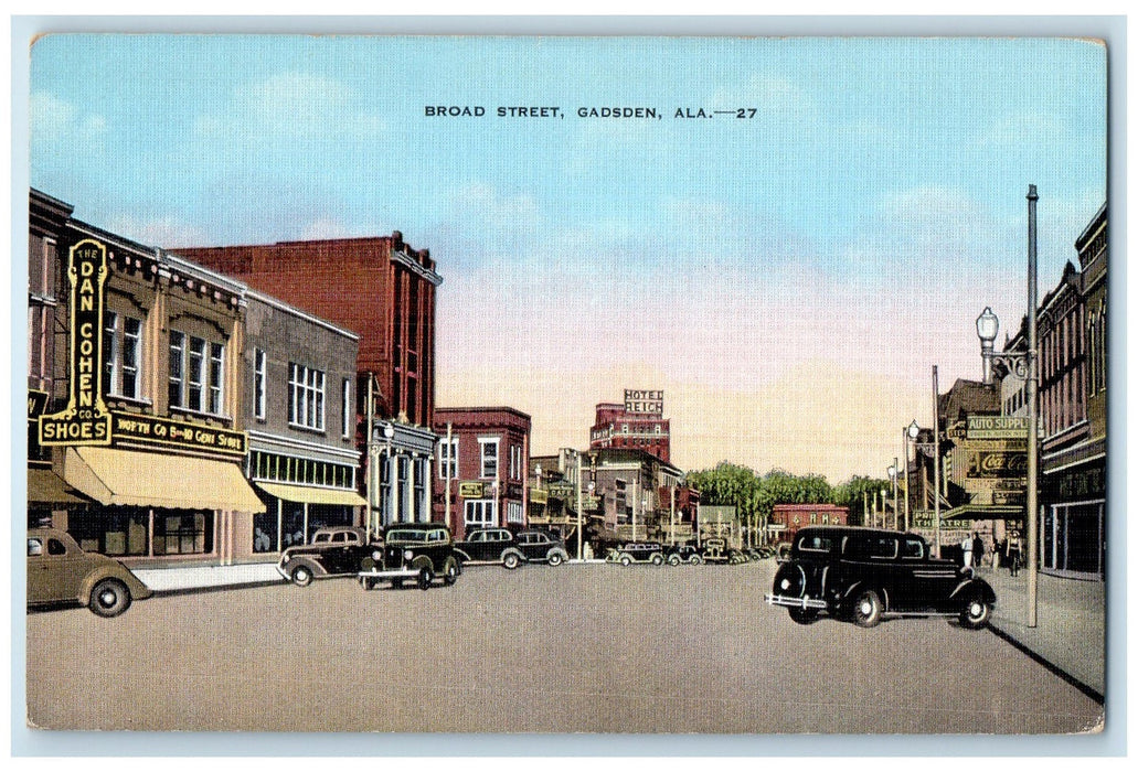 c1940 Broad Street Classic Cars Parked Building Road Gadsden Alabama AL Postcard