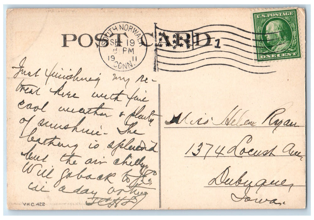 1911 Dormitory Keyser Island South Norwalk Connecticut CT Posted House Postcard