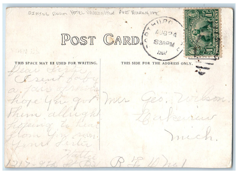 1907 Dining Room Hotel Harrington Restaurant Port Huron Michigan MI Postcard