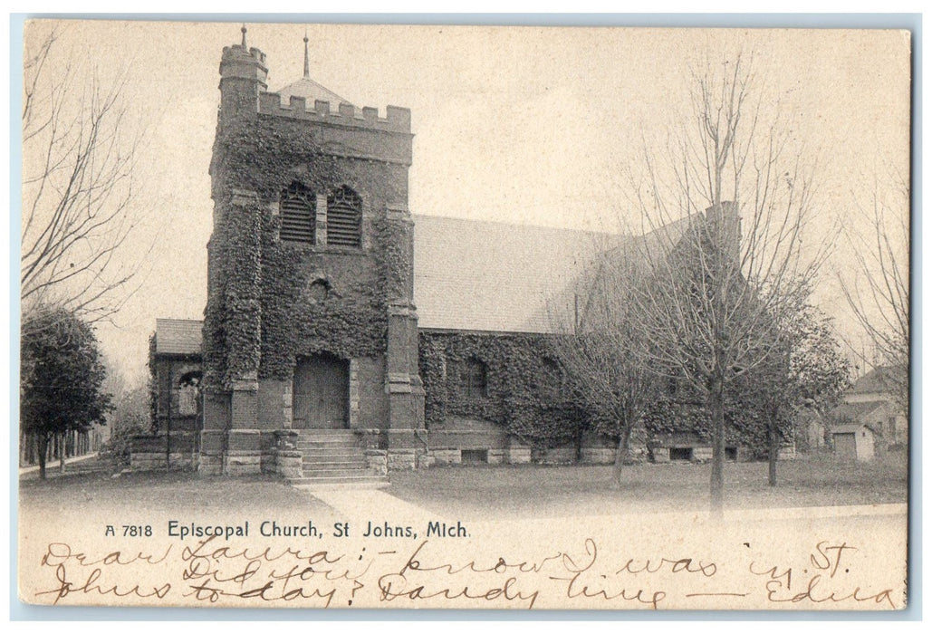 1906 Episcopal Church Building Tower Entrance St. John's Michigan MI Postcard