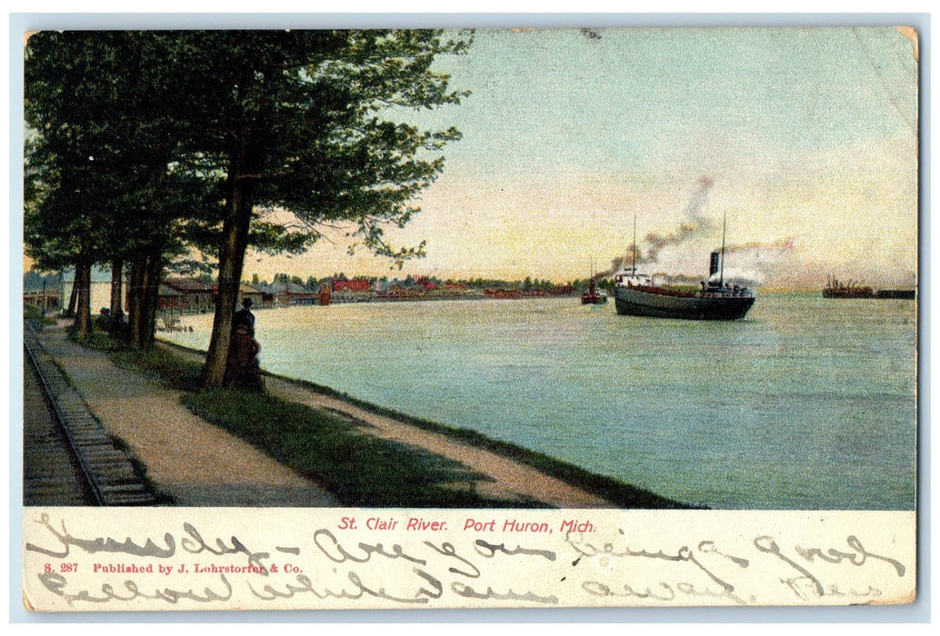 1907 St. Clair River Steam Boat Ship View Port Huron Michigan MI Posted Postcard