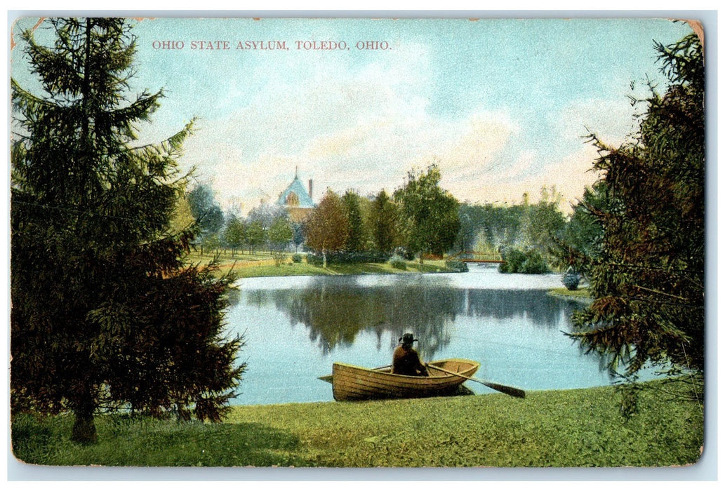 1907 Ohio State Asylum Man Lake Boating Paddling Grove Toledo Ohio OH Postcard