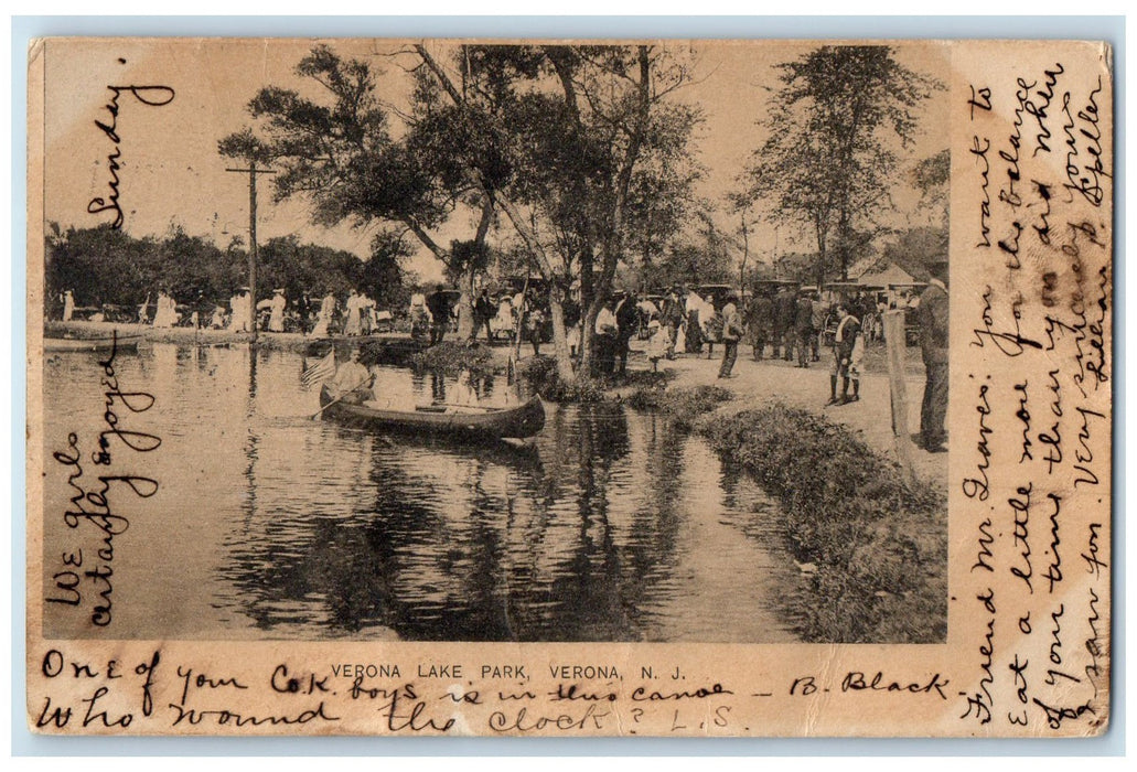 1907 Verona Lake Park Canoe Boating Tourists View Verona New Jersey NJ Postcard