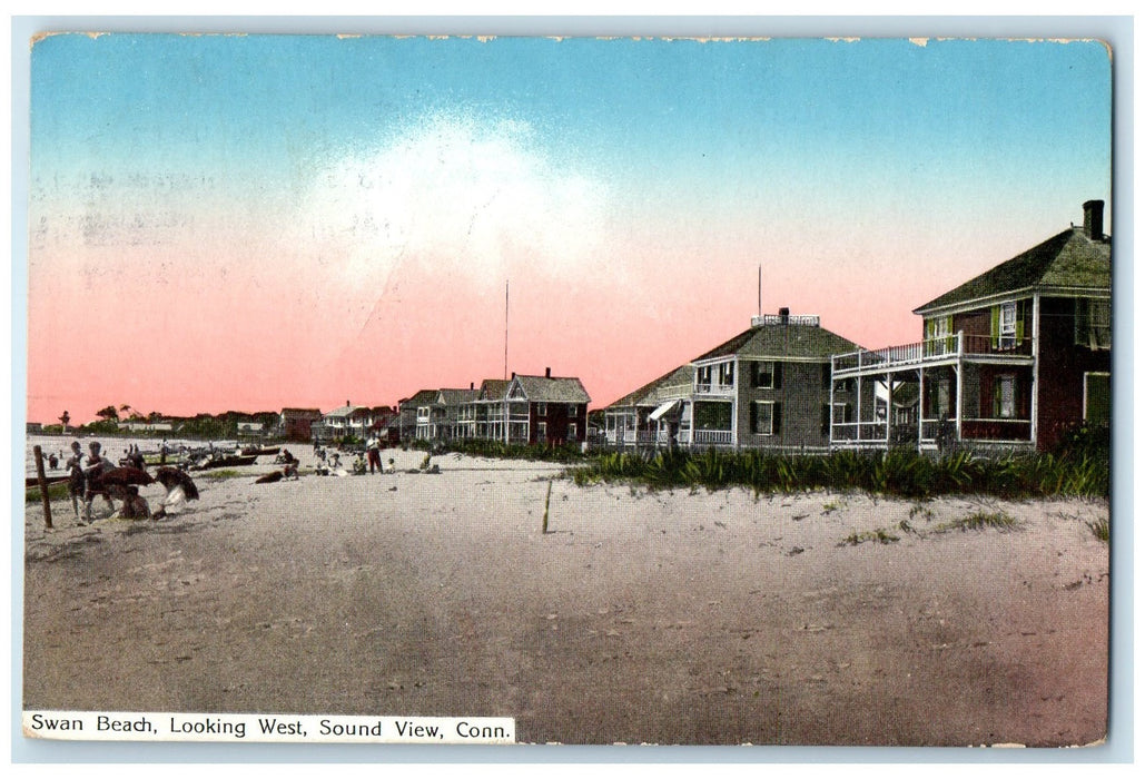 1913 Swan Beach Looking West Sound View Connecticut CT Posted Bathing Postcard
