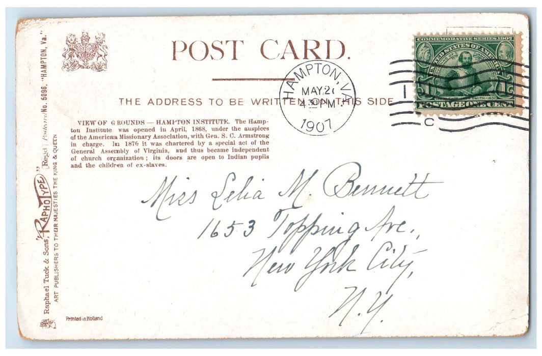 1907 Grounds Hampton Institute School Campus Clock Tower Hampton VA Postcard
