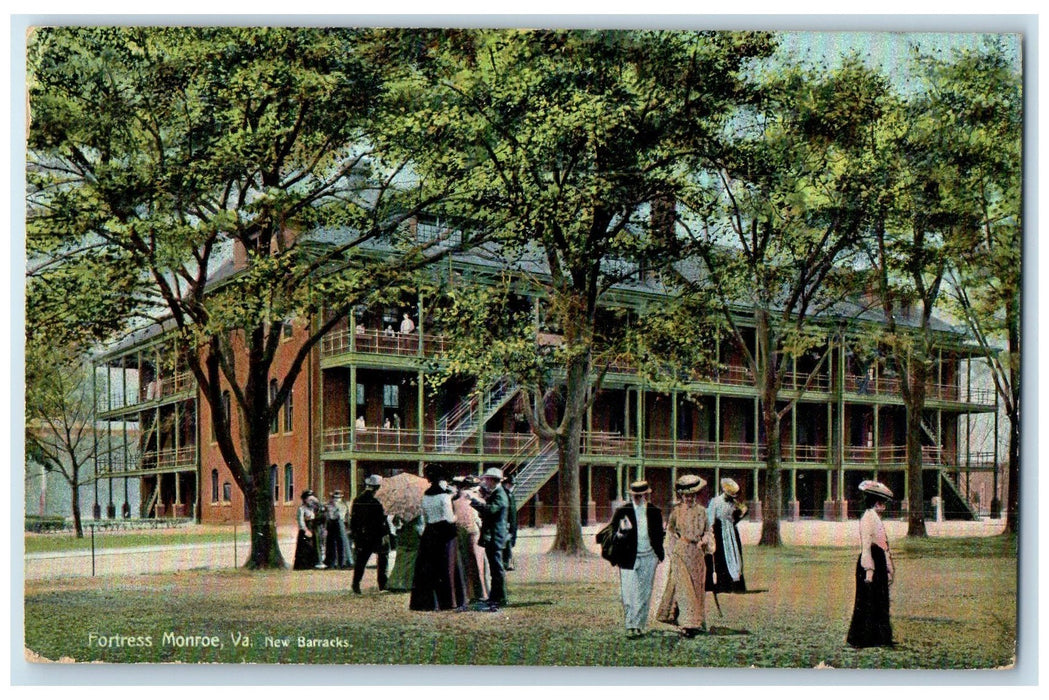 1907 Barracks Building Steps People Ground Fortress Monroe Virginia VA Postcard