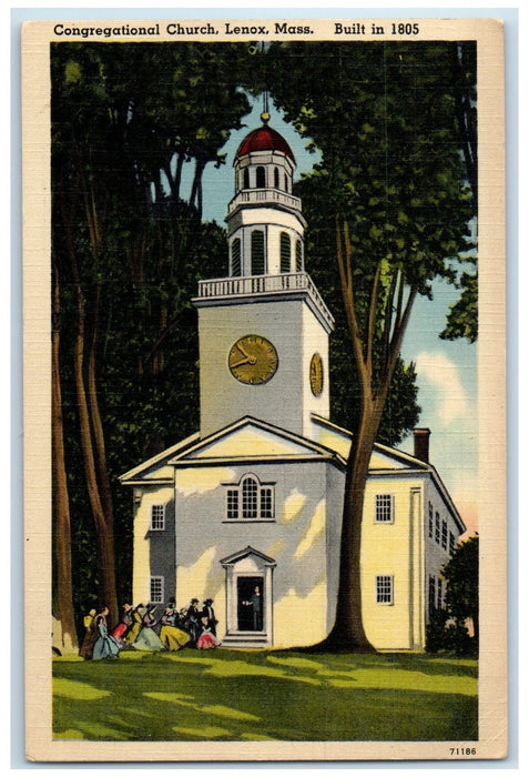 1943 Congregational Church Building Clock Tower People Entry Lenox MA Postcard