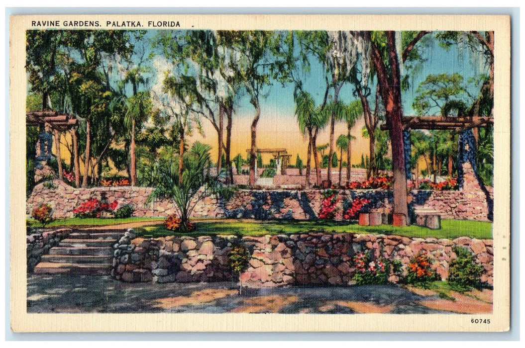 1941 Ravine Gardens Landscaping Steps Flowers Trees Palatka Florida FL Postcard
