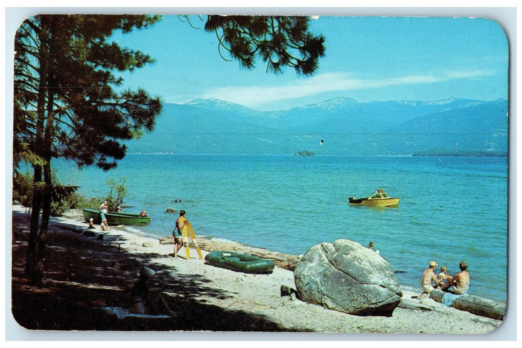 c1950 Luby Bay Camp Ground Family Bathing Boating Priest Lake North ID Postcard