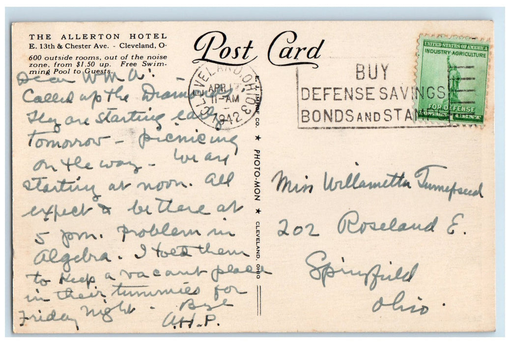 1942 Allerton Hotel Restaurant Entertainers Cleveland OH Advertising Postcard