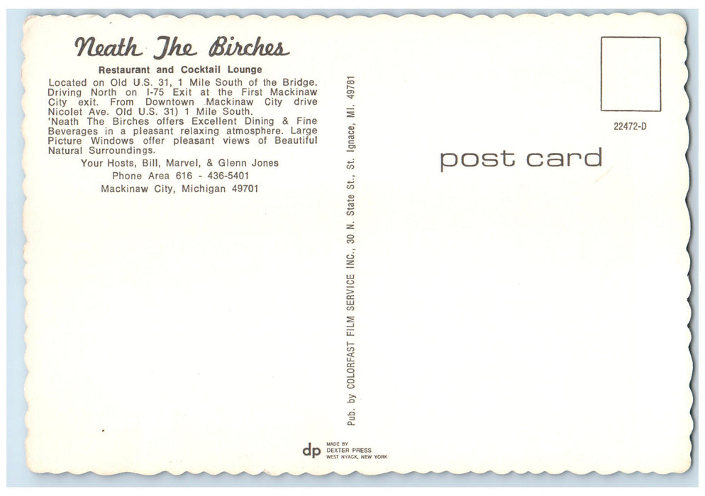 c1960s Neath The Birches Restaurant & Cocktail Lounge Mackinaw City MI Postcard