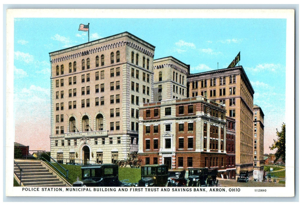 c1920's Police Station Municipal Building Savings Bank Akron Ohio OH Postcard