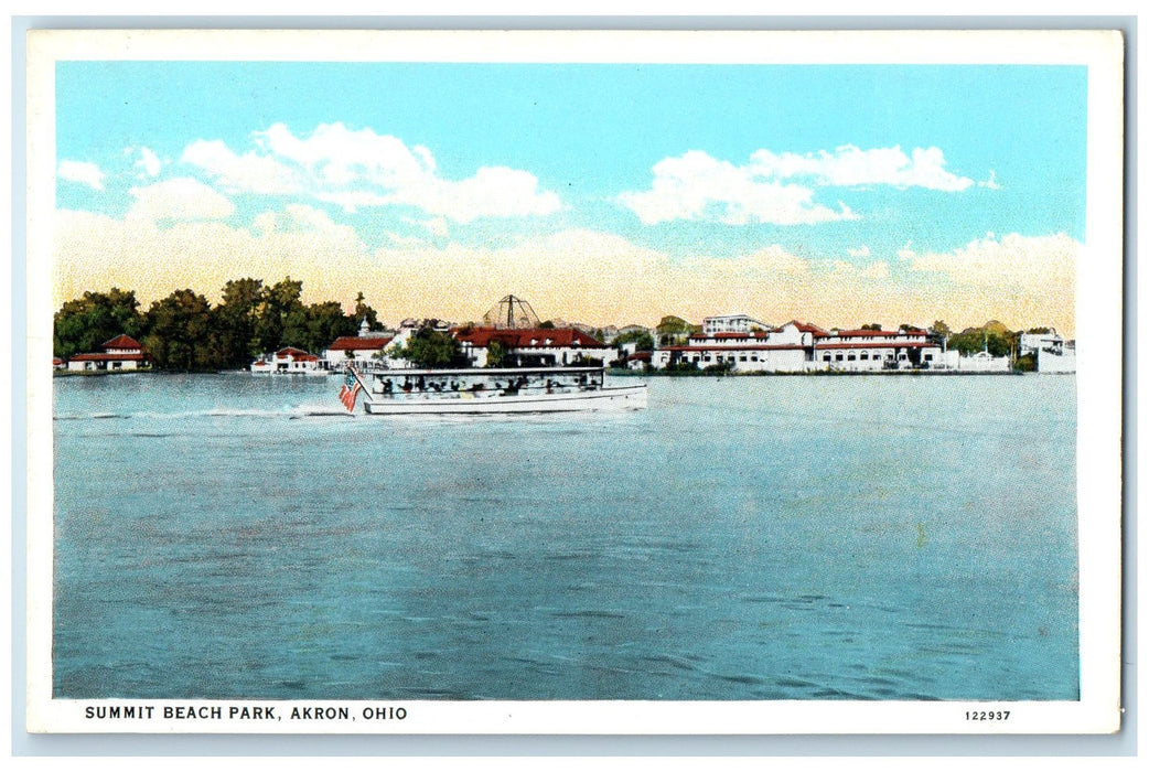 c1920's Summit Beach Park Boating US Flag Buildings View Akron Ohio OH Postcard