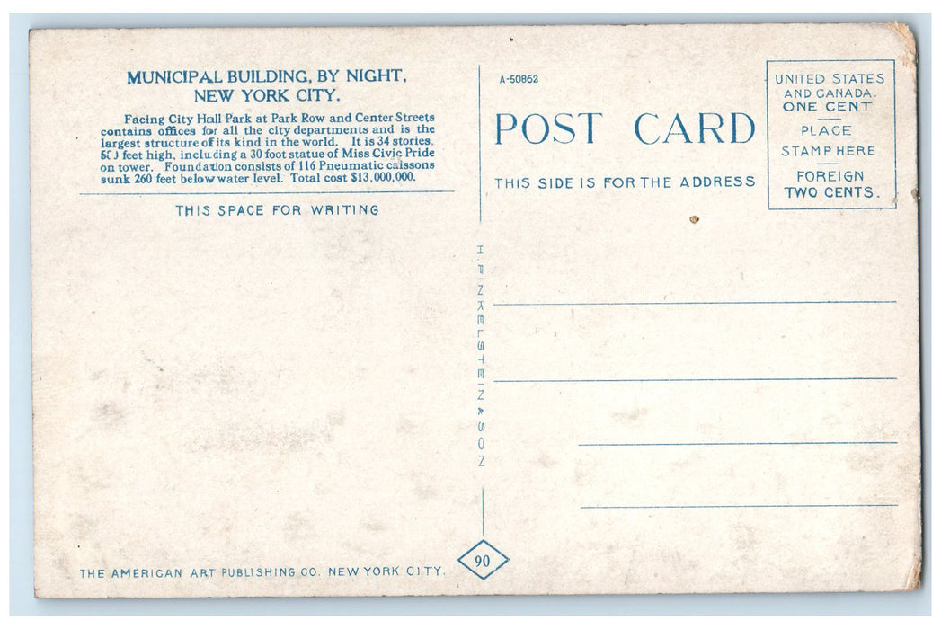 c1950's Municipal Building By Night Moonlight New York City New York NY Postcard