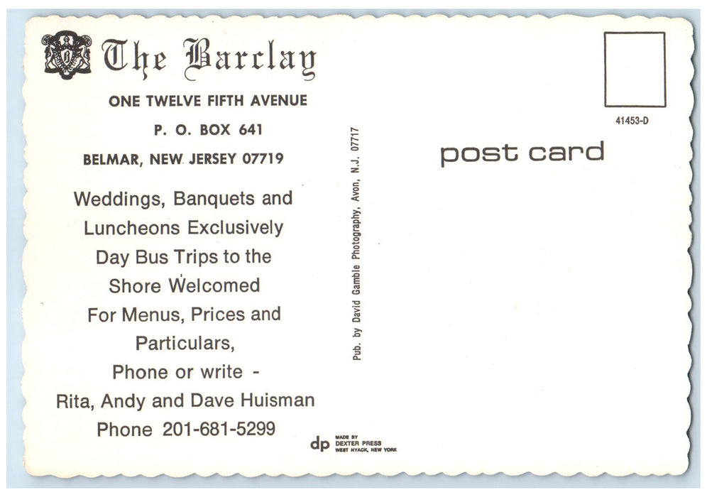 c1960's The Barclay Restaurants Interior Belmar New Jersey NJ Unposted Postcard