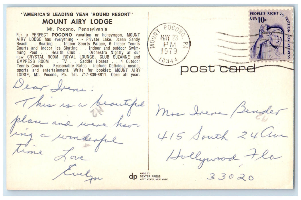 1979 Mount Airy Lodge Round Resort Mt. Pocono Pennsylvania PA Yacht Postcard