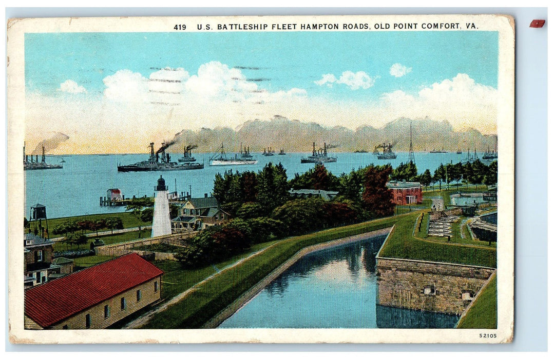 1929 US Battleship Fleet Hampton Roads Old Point Comfort Virginia VA Postcard