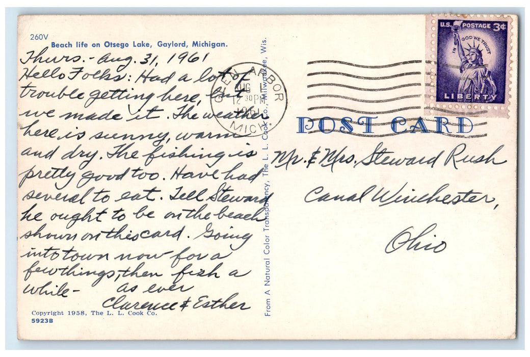 1961 Beach Life On Otsego Lake Boats People Gaylord Michigan MI Posted Postcard