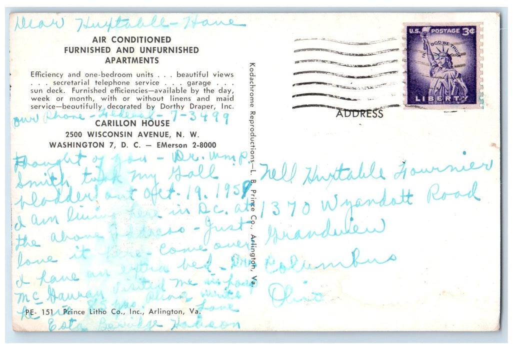 1960 Carillon House Apartments Exterior Roadside Washington DC Posted Postcard