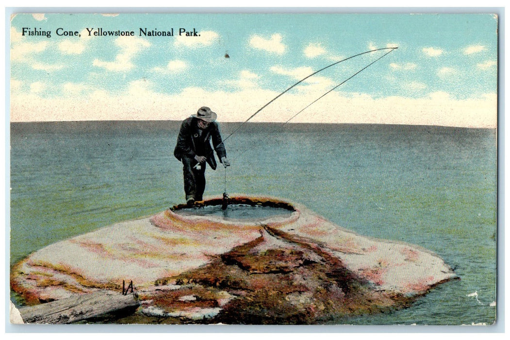 1912 Fishing Cone Man & Rod Yellowstone National Park Montana MT Posted Postcard