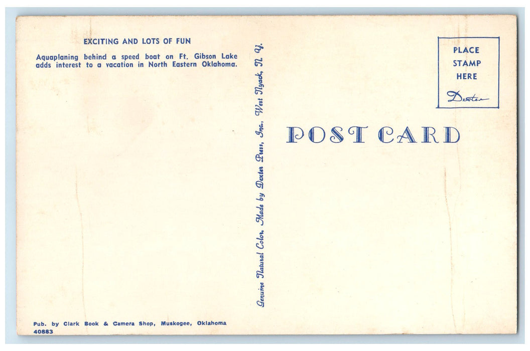 c1950's Aquaplaning Behind Speed Boat View Fort Gibson Lake Oklahoma OK Postcard