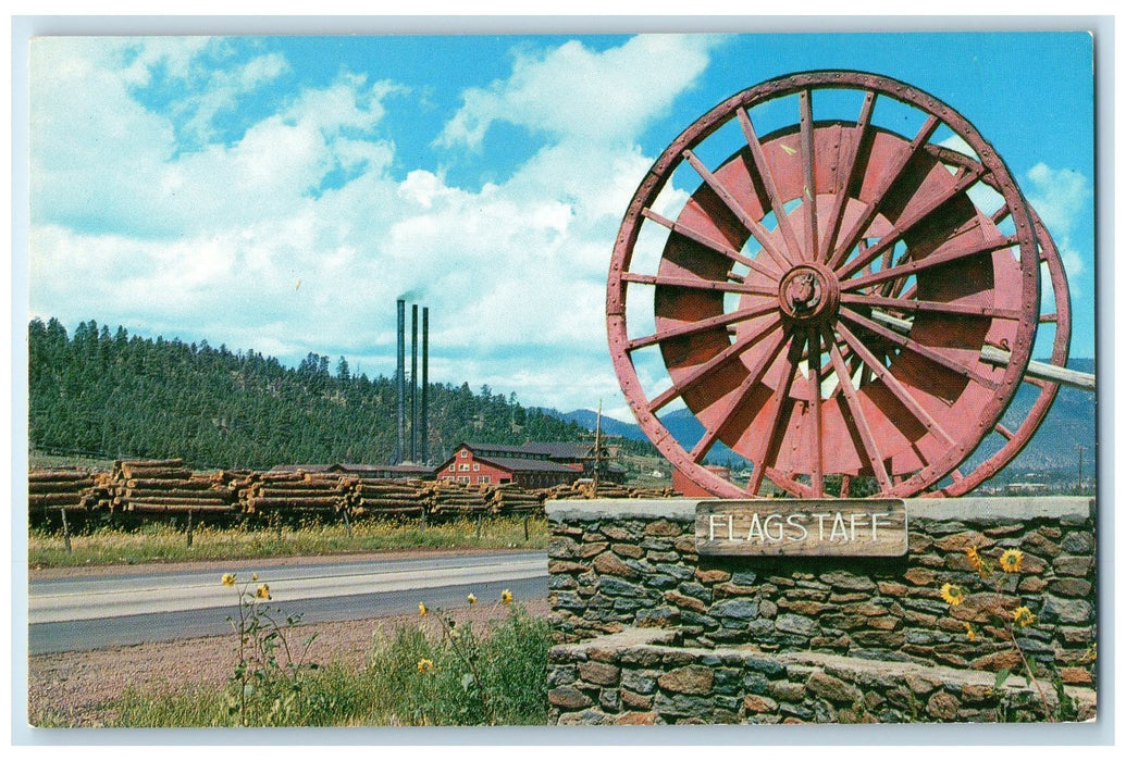 c1950's Giant Logging Wheels At Western Entrance Flagstaff Arizona AZ Postcard