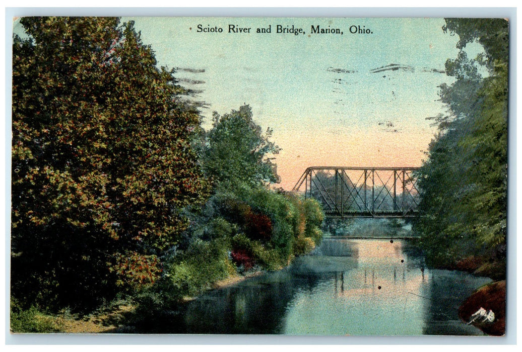 1910 Scioto River And Bridge Sunset Scene Marion Ohio OH Posted Vintage Postcard