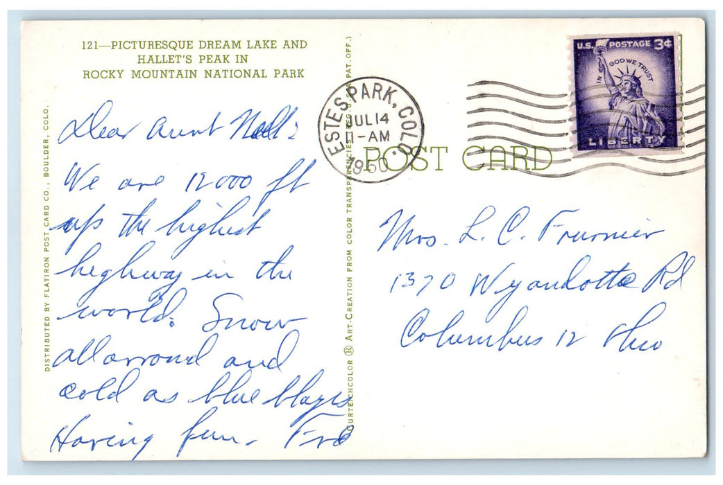 1960 Dream Lake Hallet's Peak Rocky Mountain National Park Colorado CO Postcard
