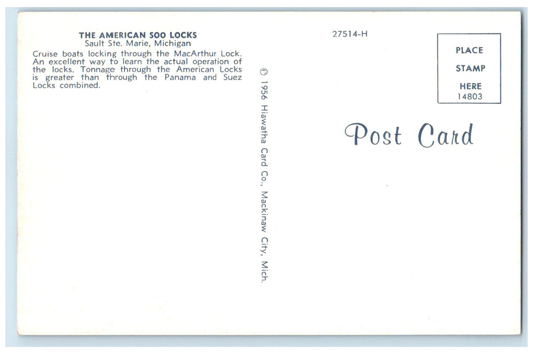 c1950's The American Soo Locks Sault Ferry Boat Ste. Marie Michigan MI Postcard