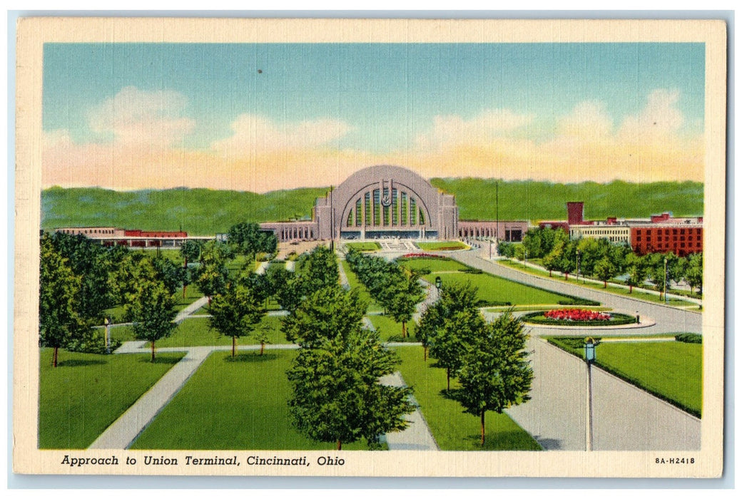 c1920's Approach To Union Terminal Building Clock Cincinnati Ohio OH Postcard