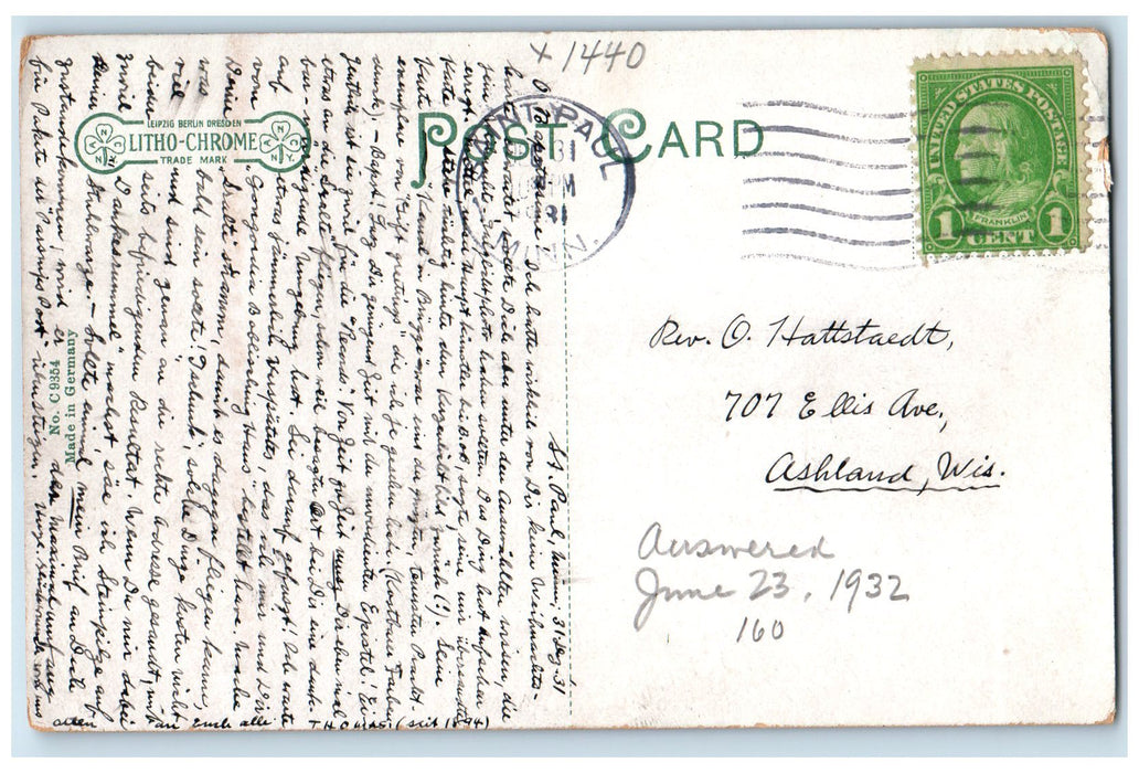 1932 Schiller Monument Como Park Statue St. Paul Minnesota MN Posted Postcard