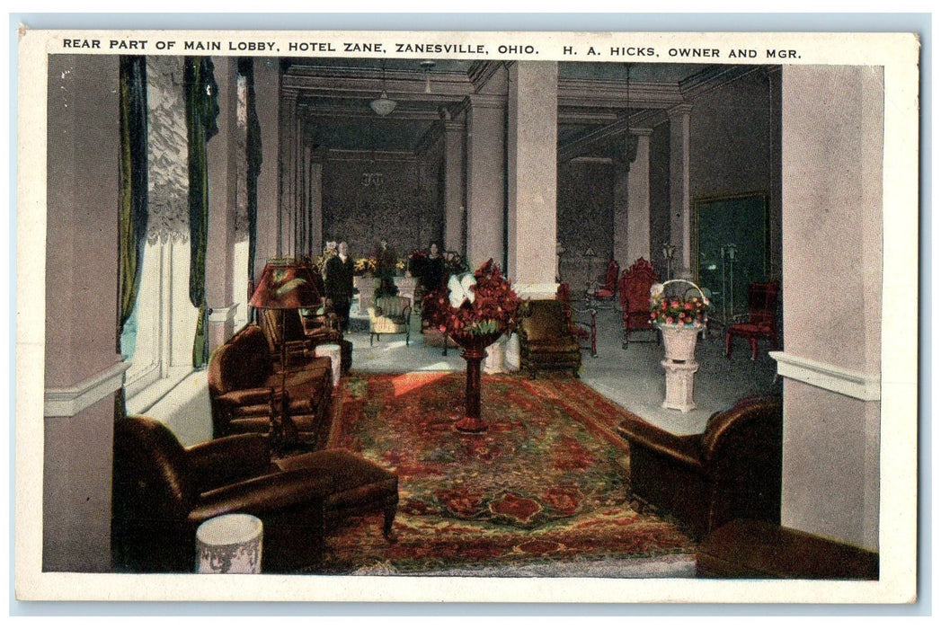 c1920 Rear Part Of Main Lobby Hotel Zane Restaurant Zanesville Ohio OH Postcard