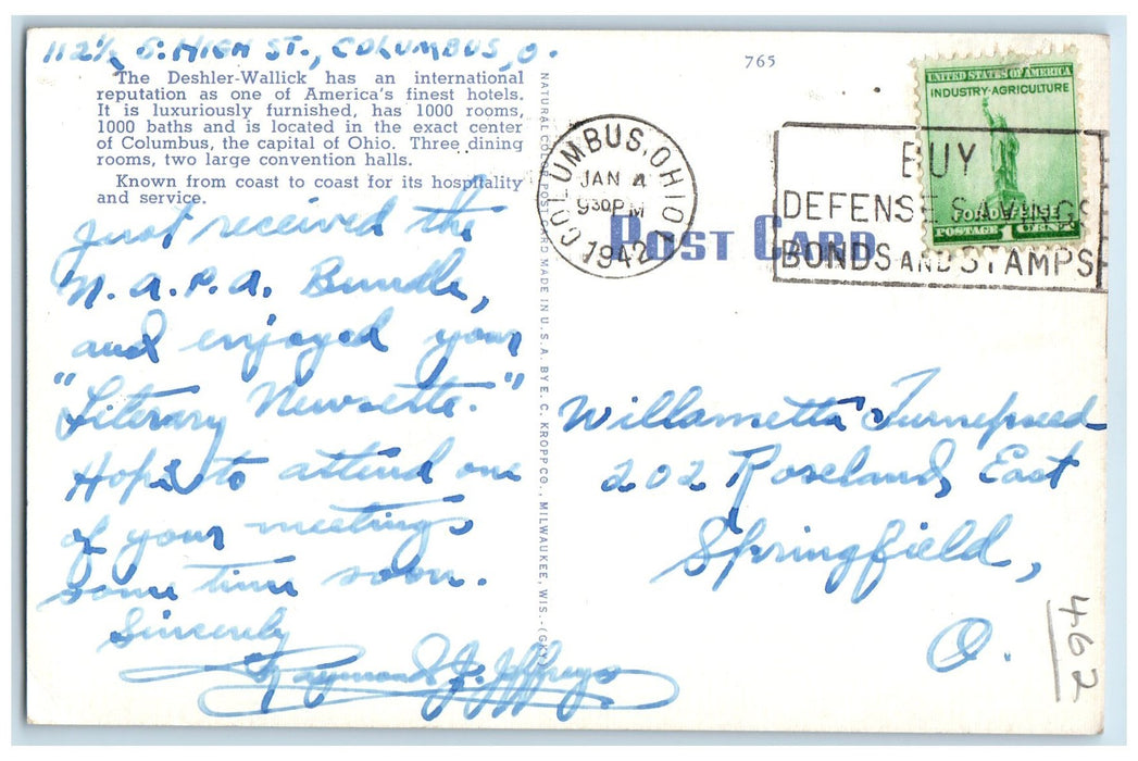1942 The Deshler Wallick Hotel Restaurant Building Tower Columbus Ohio Postcard