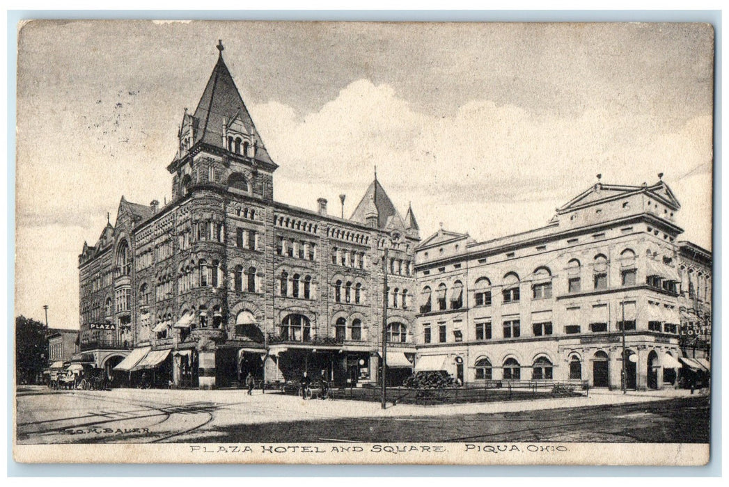 1911 Plaza Hotel And Square Exterior Roadside Piqua Ohio OH Posted Shop Postcard