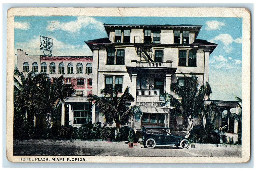 1920 Hotel Plaza Restaurant Classic Car Entrance Building Tree Miami FL Postcard