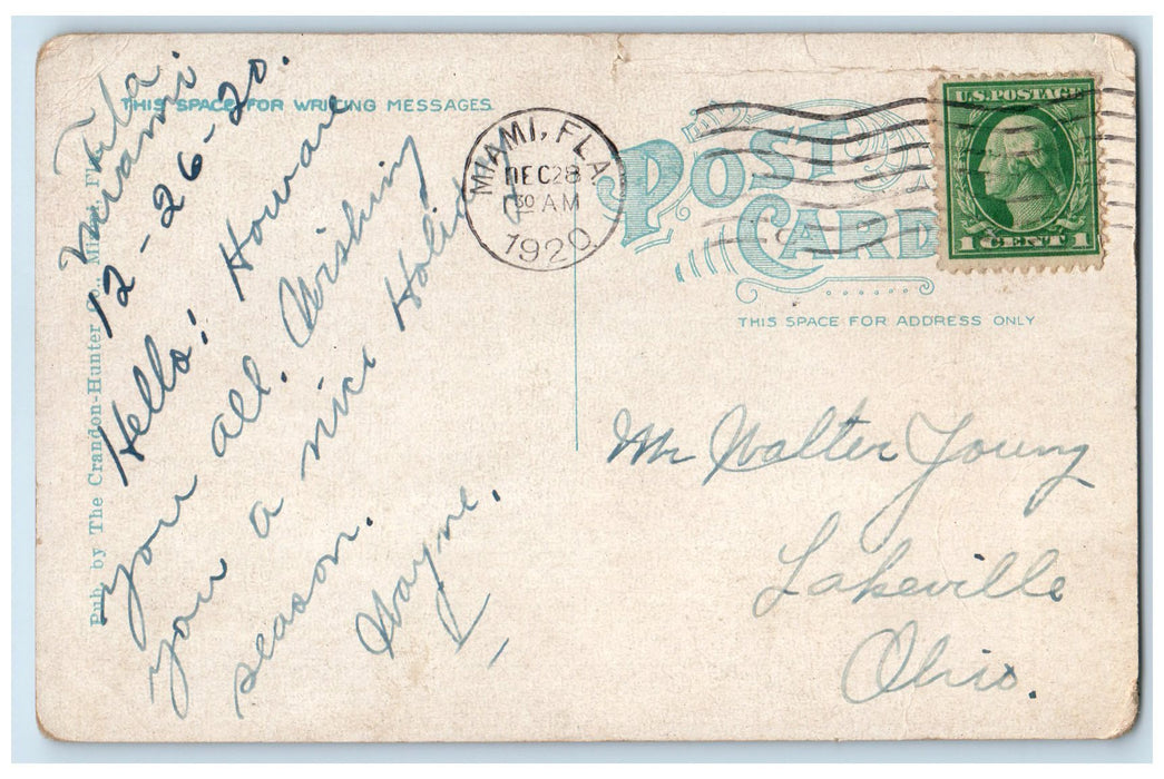 1920 Hotel Plaza Restaurant Classic Car Entrance Building Tree Miami FL Postcard