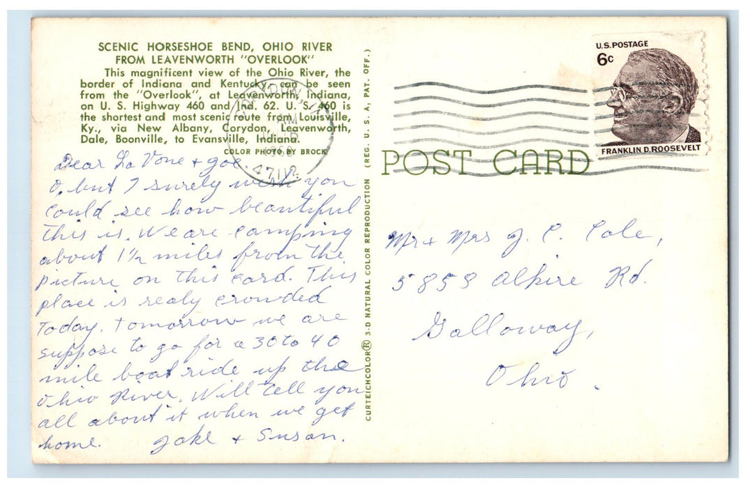 1968 Scenic Horseshoe Bend Ohio River From Leavenworth Corydon IN Trees Postcard