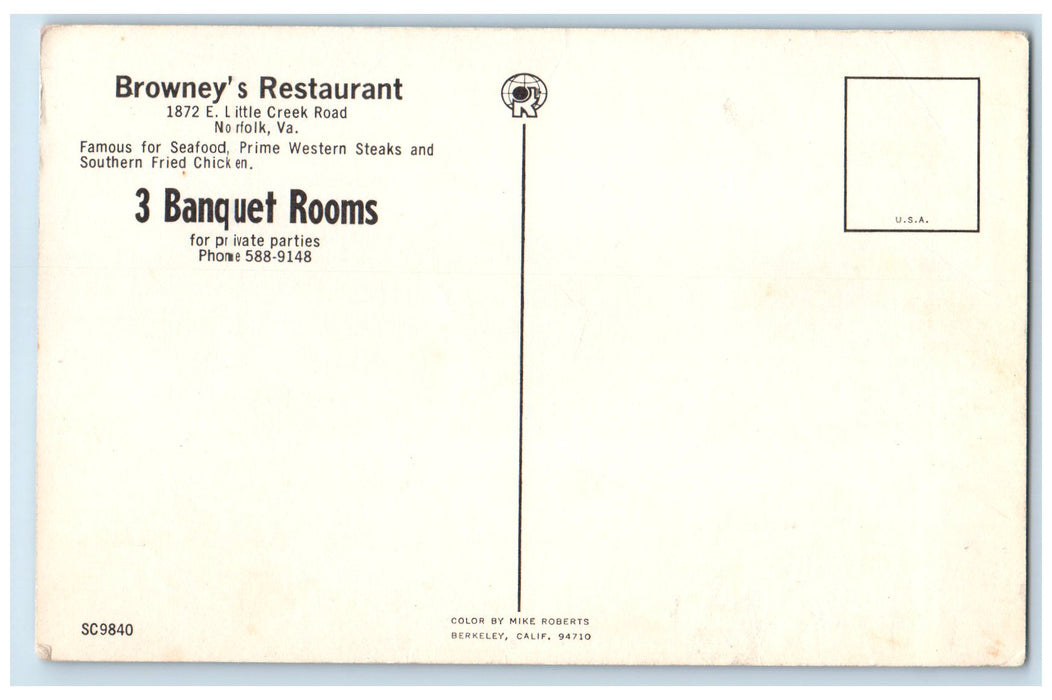 c1950's Browney's Restaurant E. Little Creek Road Norfolk Virginia VA Postcard